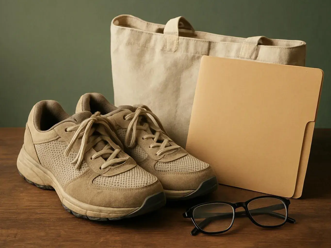 A pair of beige sneakers, a canvas tote bag, a folder, and black eyeglasses sit on a wooden table