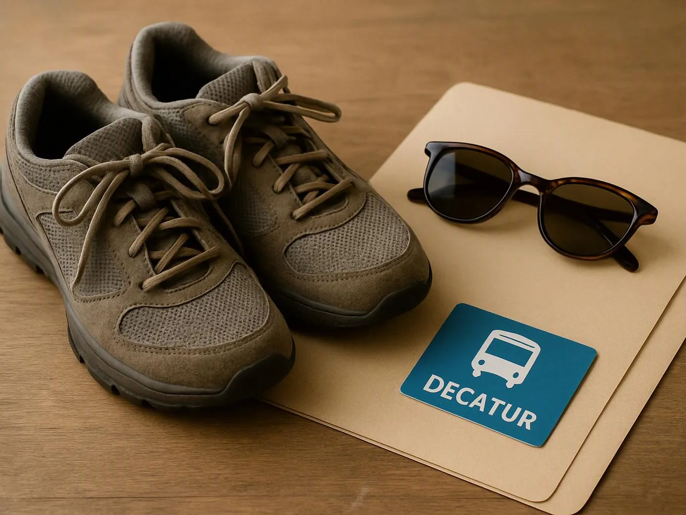 A pair of hiking shoes, sunglasses, and a blue card with a bus icon sit on a folder on a wooden table