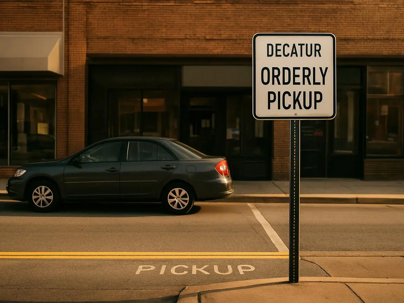 A parked black sedan sits beside a sign reading “ORDERLY PICKUP” on a quiet street