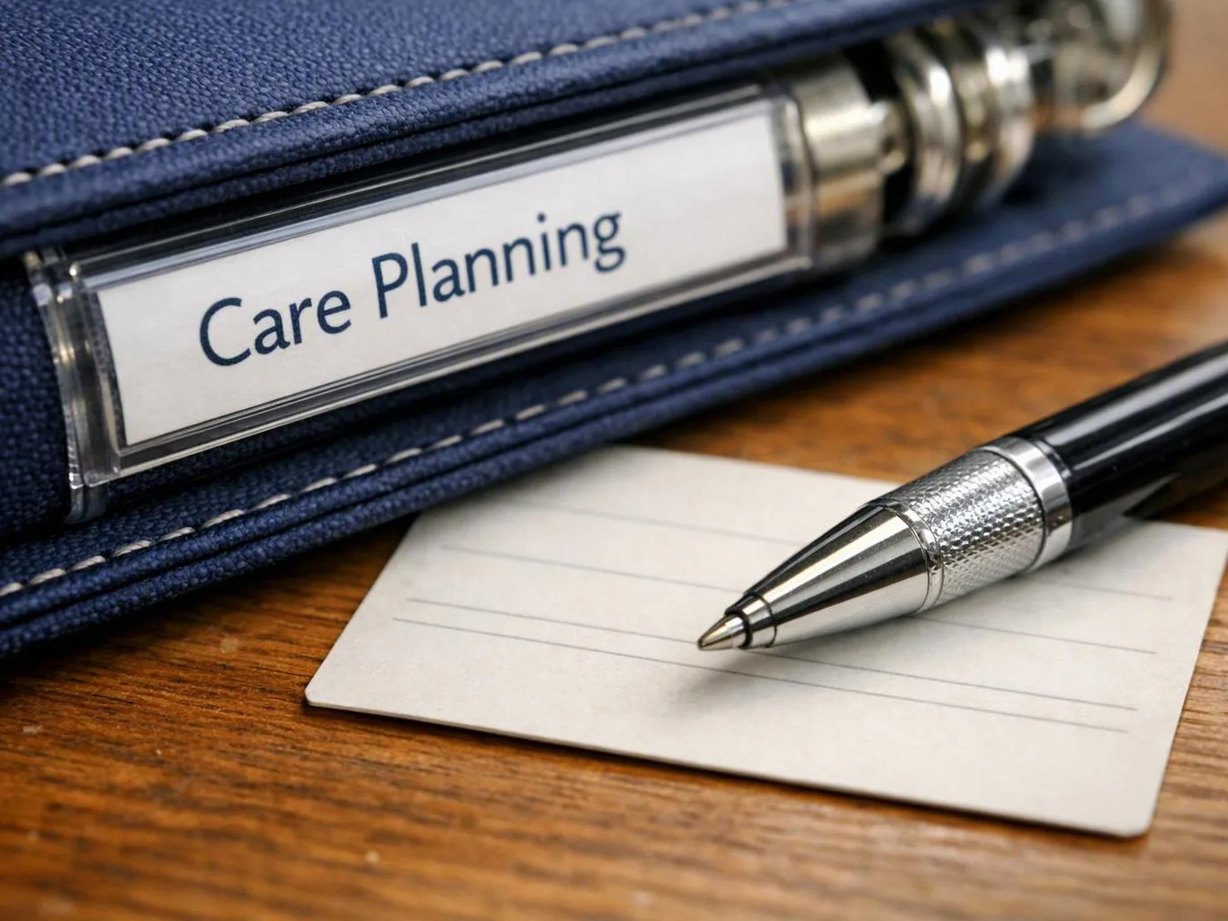 A pen rests on a blank card beside a blue binder labeled Care Planning on a wooden desk