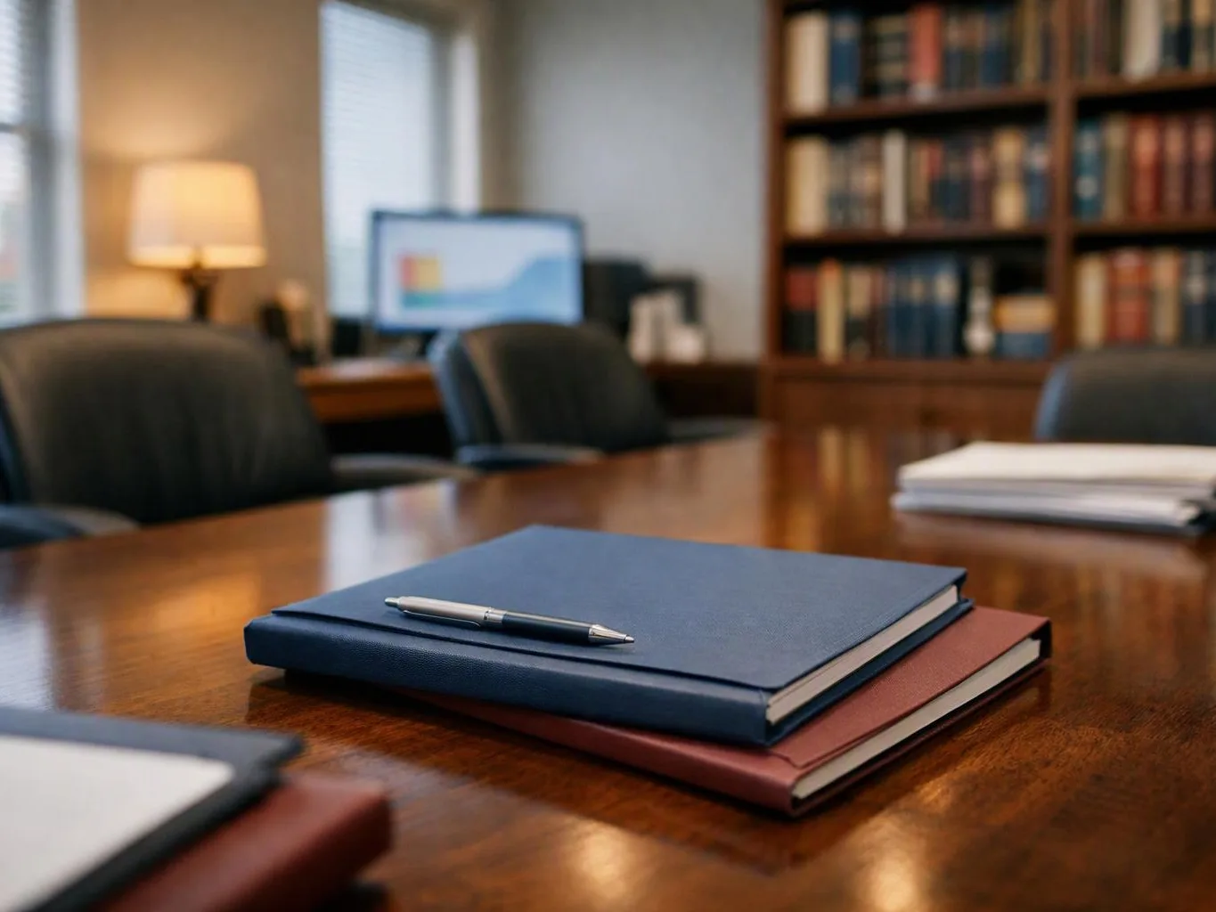 A pen rests on stacked notebooks on a polished conference table in a book-lined office room