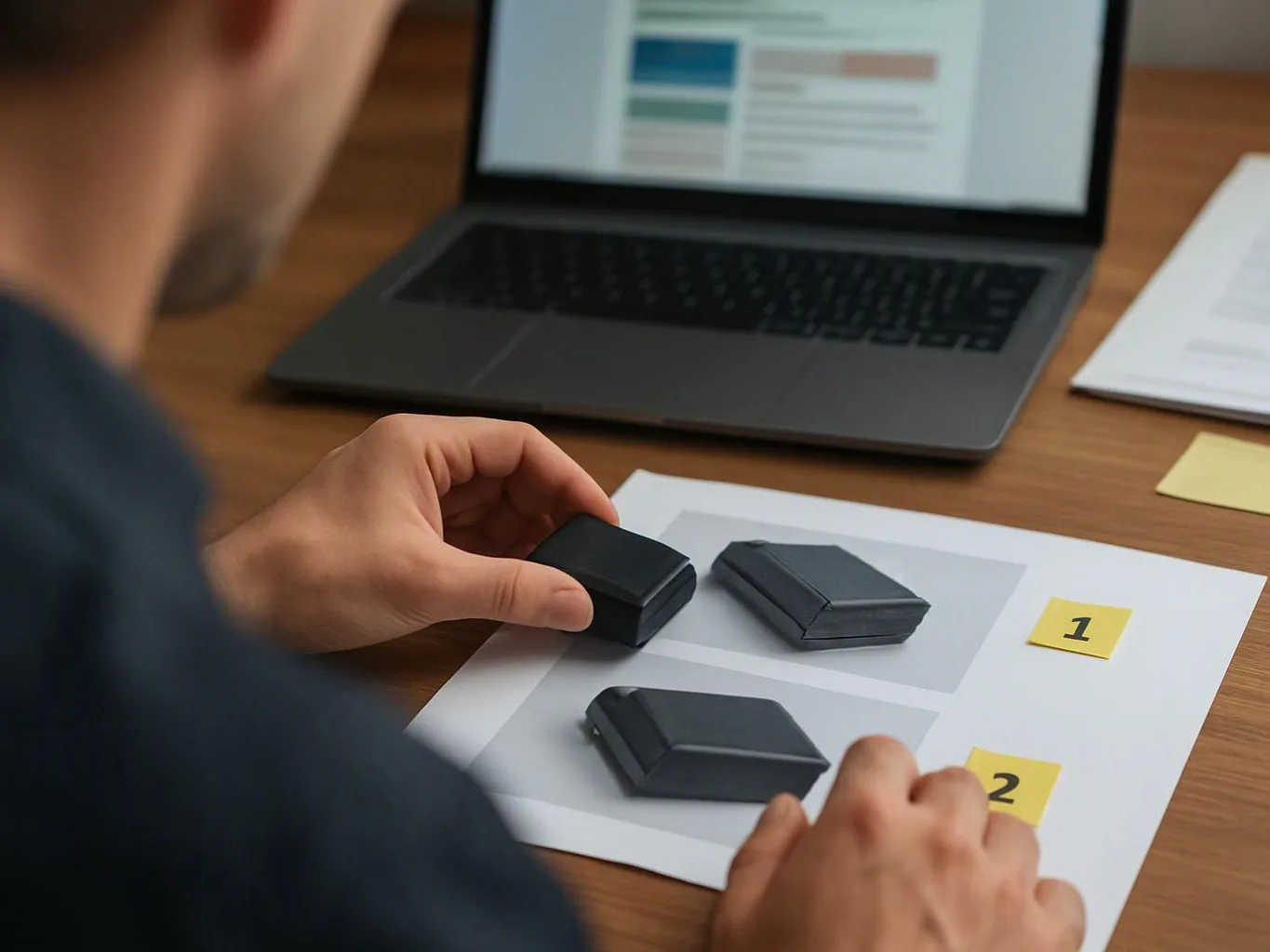 A person arranges three black product samples on a printed sheet beside a laptop on a wooden desk