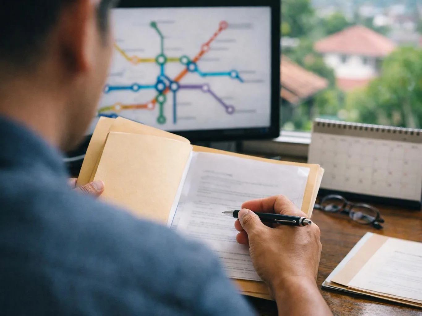 Person at a desk reviews papers and writes with a pen while a transit map glows on the monitor behind them
