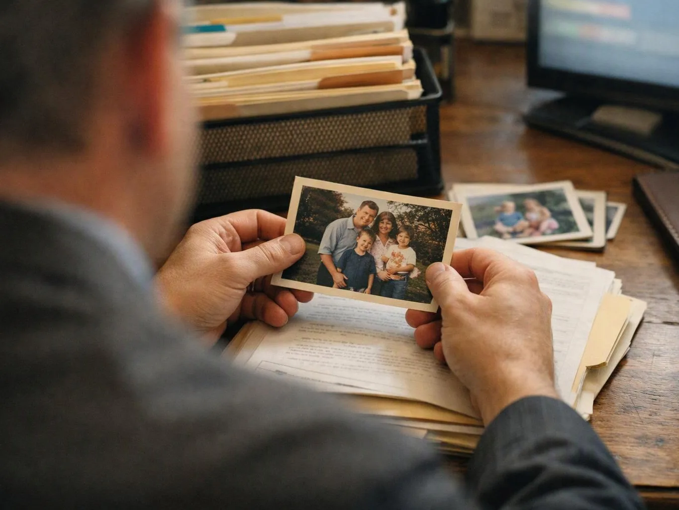 A person holds a family photo over paperwork on a wooden desk beside stacked photos and a monitor