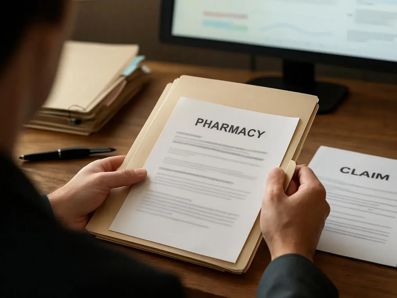 A person holds a folder labeled "PHARMACY" beside a paper marked "CLAIM" at a desk with a monitor