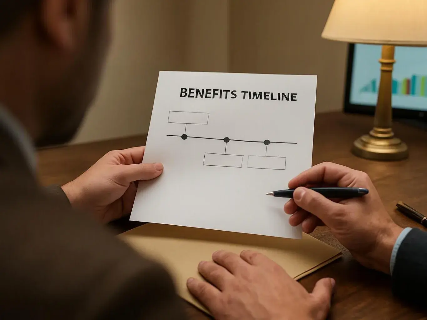 A person holds a paper titled “BENEFITS TIMELINE” beside a pen at a desk with a lamp and monitor