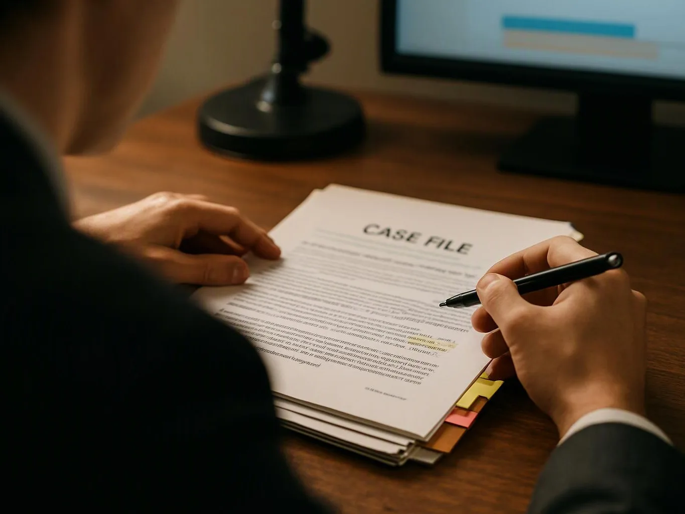 A person holds a pen over a case file on a desk beside a computer monitor