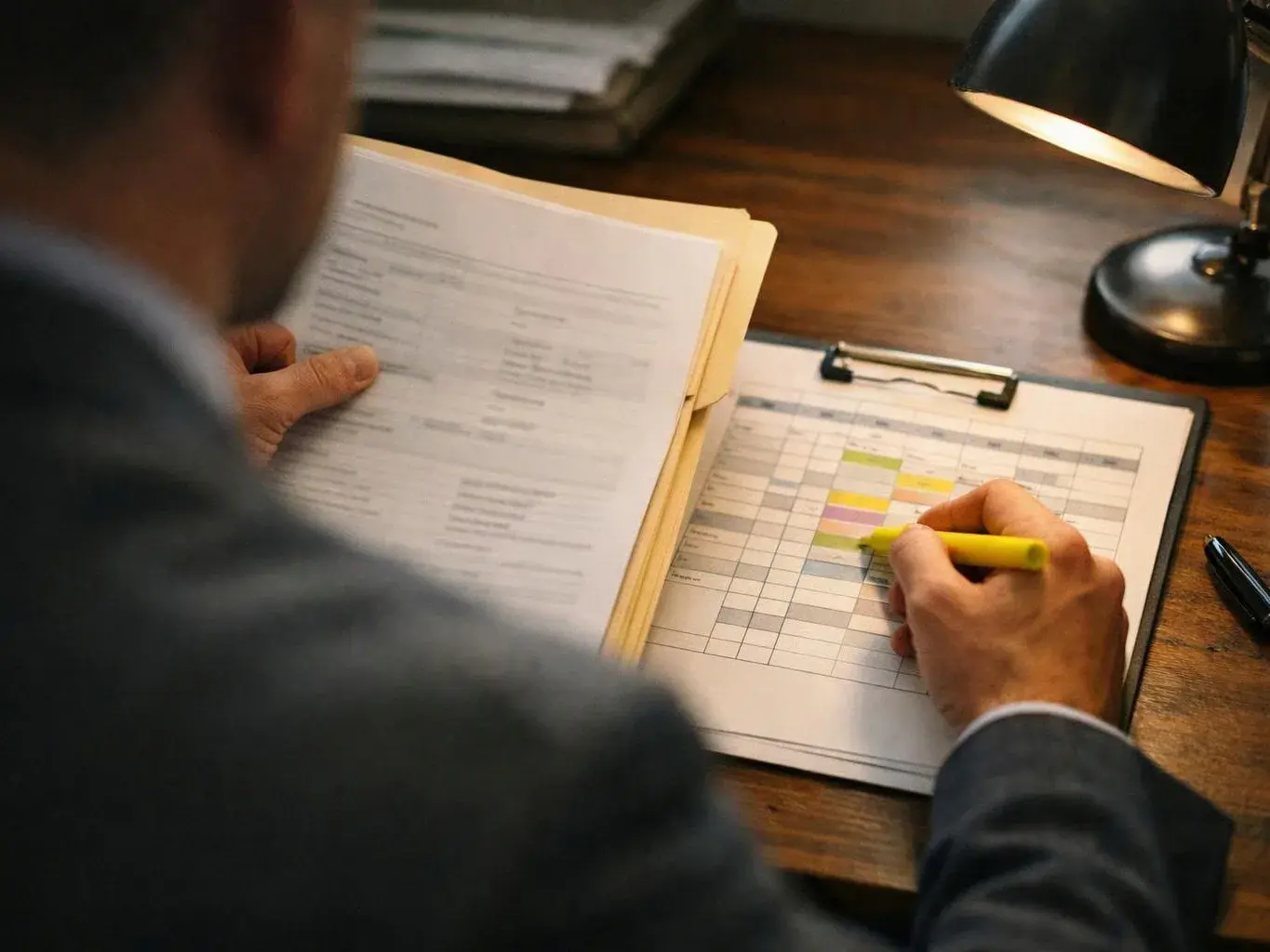 A person marks a paper schedule with a yellow highlighter at a desk under a lamp
