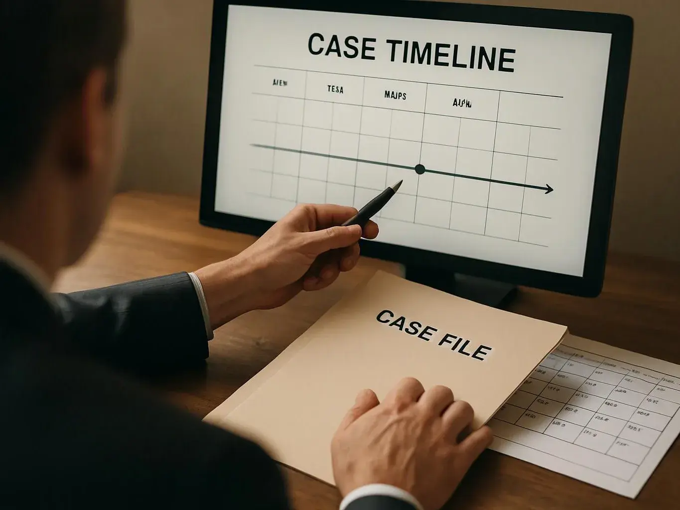 A person points at a monitor showing a case timeline while holding a case file on a desk