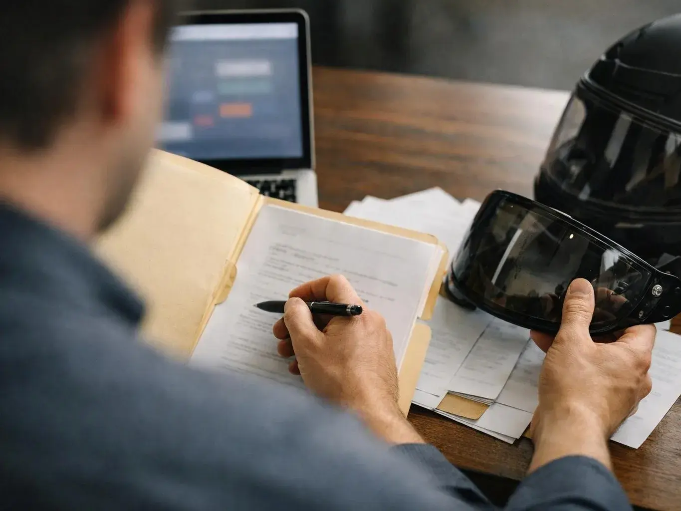 A person reviews paperwork at a table while holding a black face shield and writing in a folder