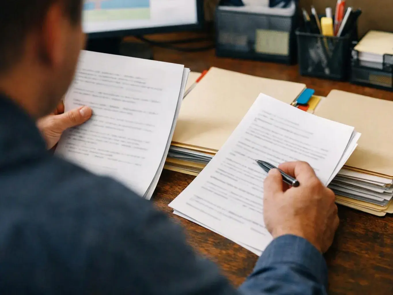 A person reviews printed documents and marks a page with a pen at a wooden desk