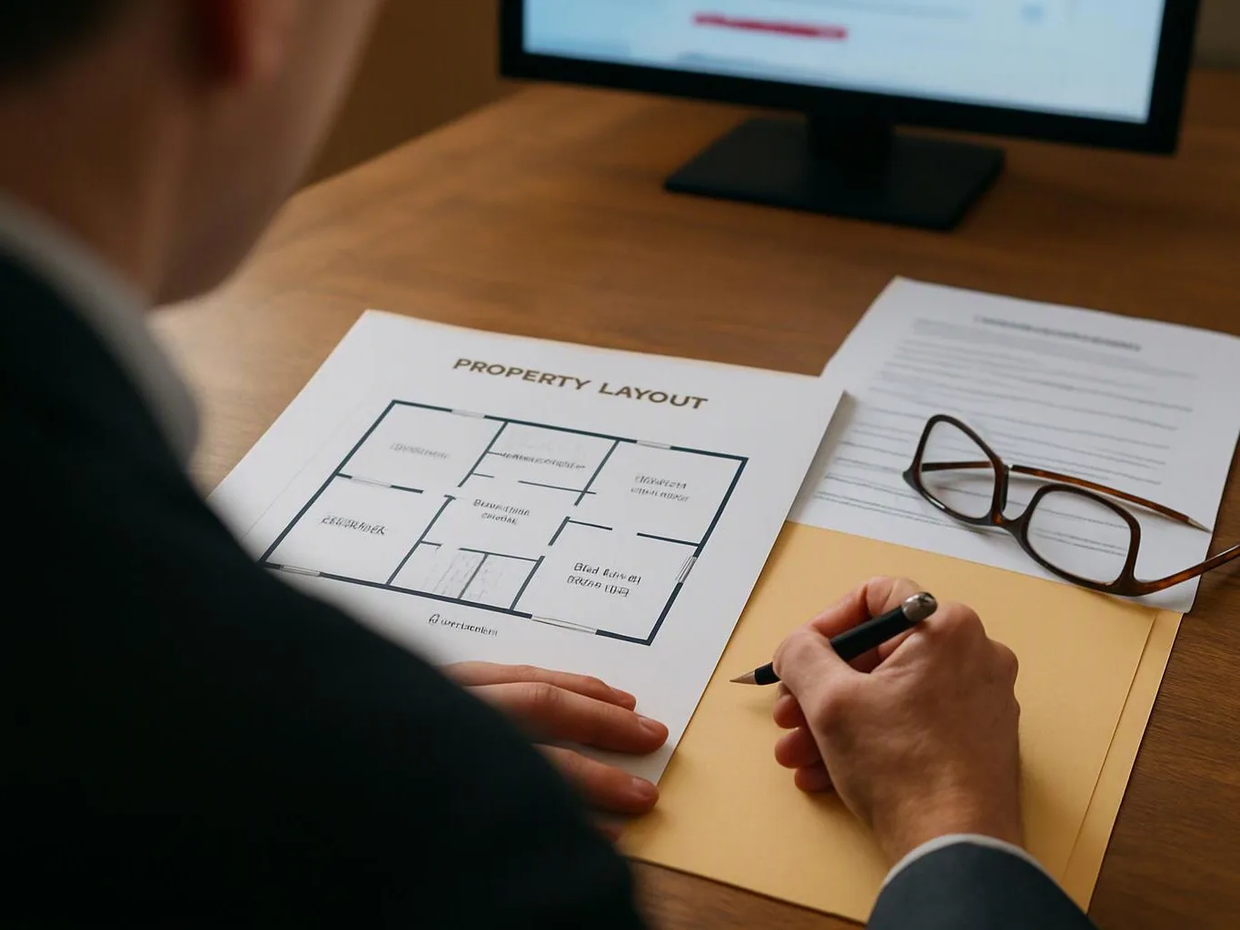 A person reviews a property layout paper and writes on a folder beside eyeglasses and a computer monitor