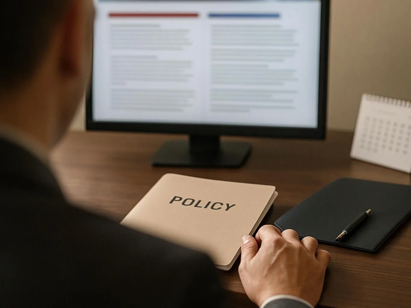 A person sits at a desk with a policy folder, a notebook, a pen, and a blurred computer monitor showing two columns of text