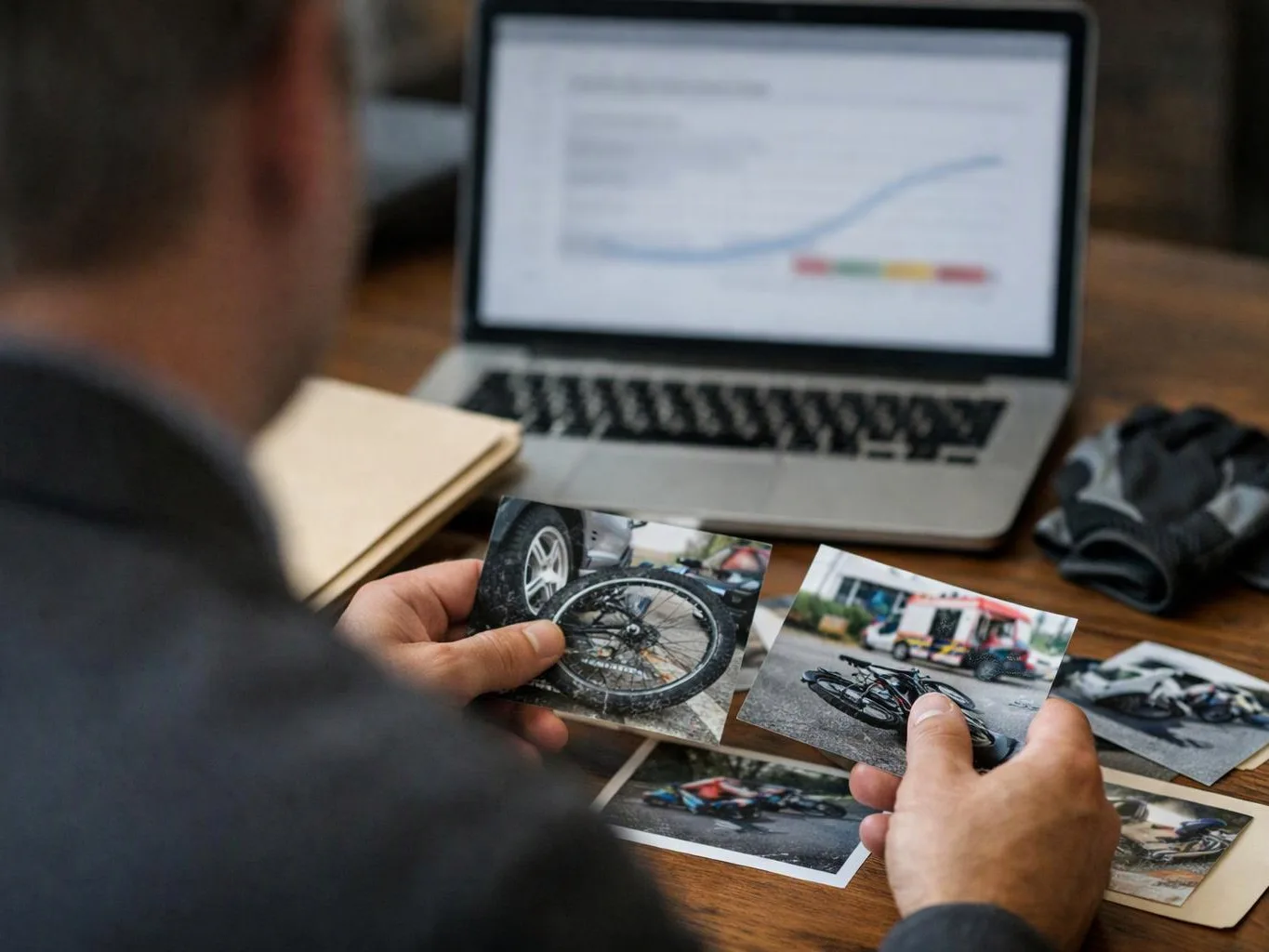 A person studies crash photos beside a laptop showing a rising chart on a wooden desk