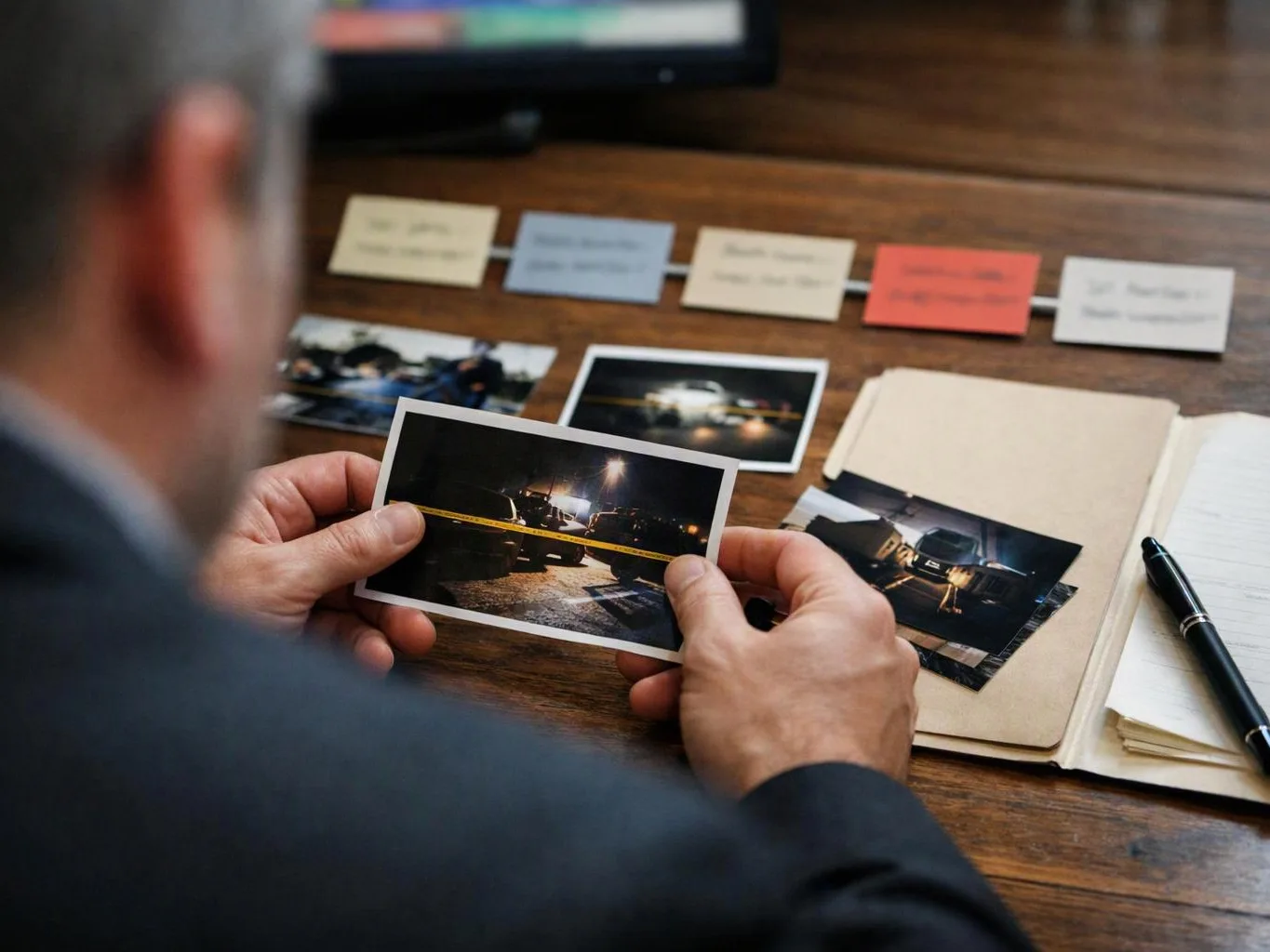 A person studies printed crime scene photos at a wooden desk with notes, a notebook, and a pen