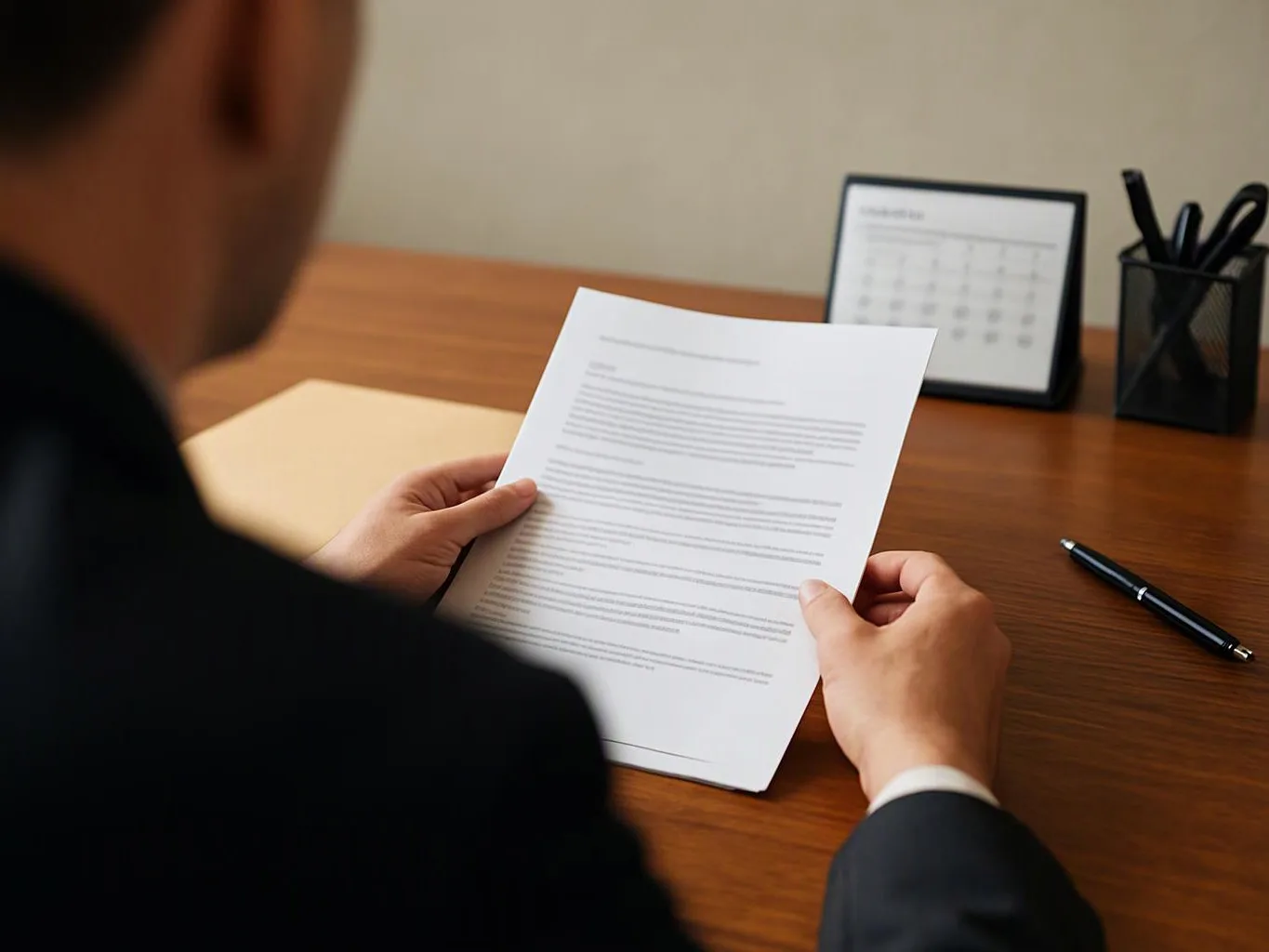 A person in a suit reads a document at a wooden desk with a calendar, pen holder, and pen nearby