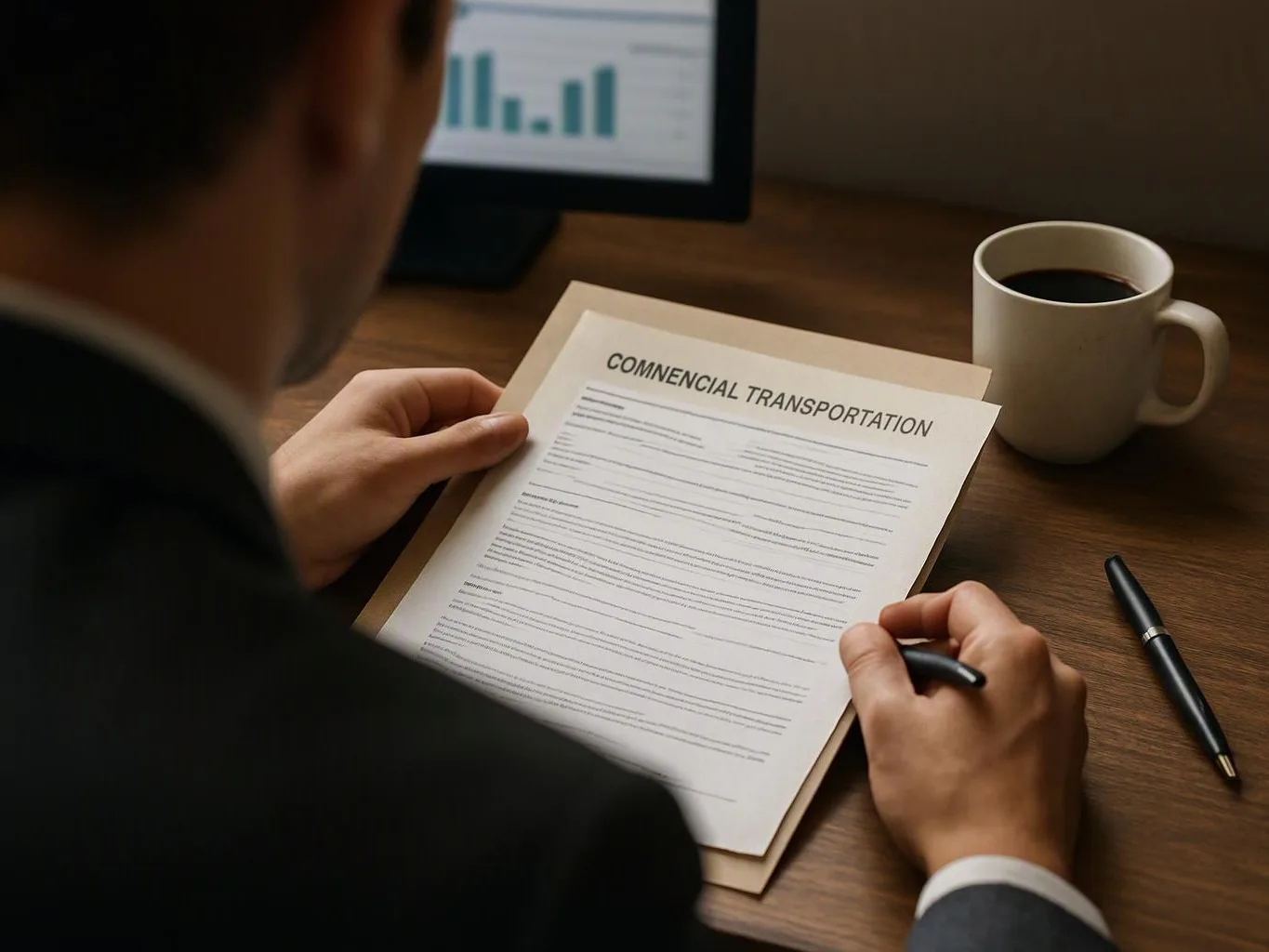 A person in a suit reviews a document at a desk beside a coffee mug and computer screen