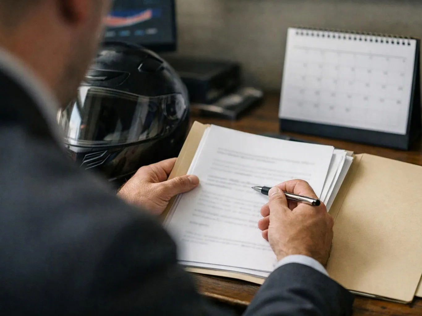 A person in a suit reviews papers and points with a pen beside a black motorcycle helmet on a desk