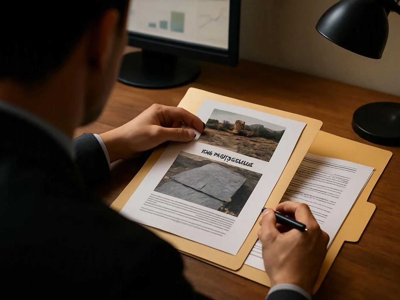 A person in a suit reviews printed pages with photos and notes at a desk under a lamp