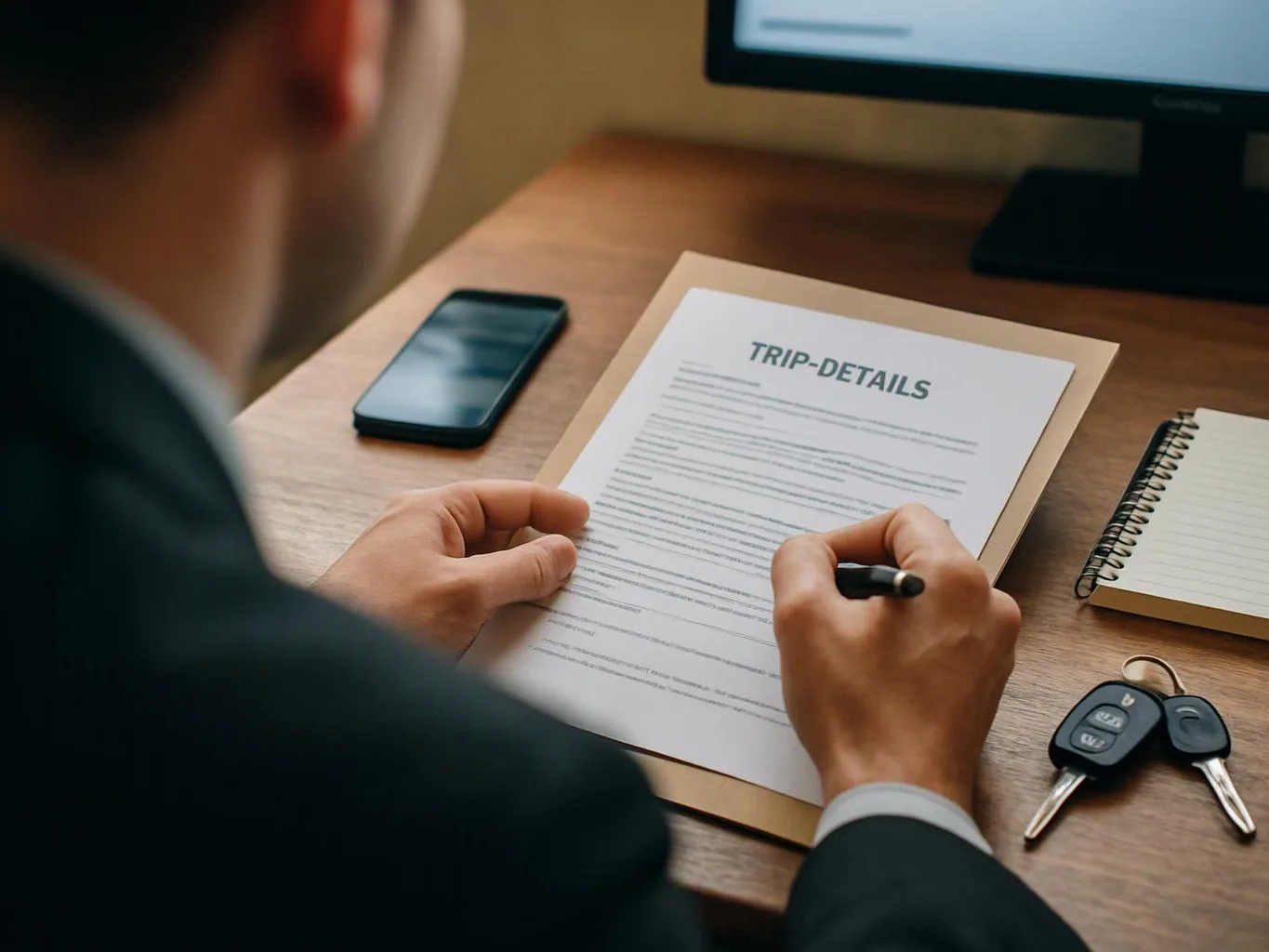 A person in a suit reviews a trip-details document at a desk with a phone, notebook, and car keys