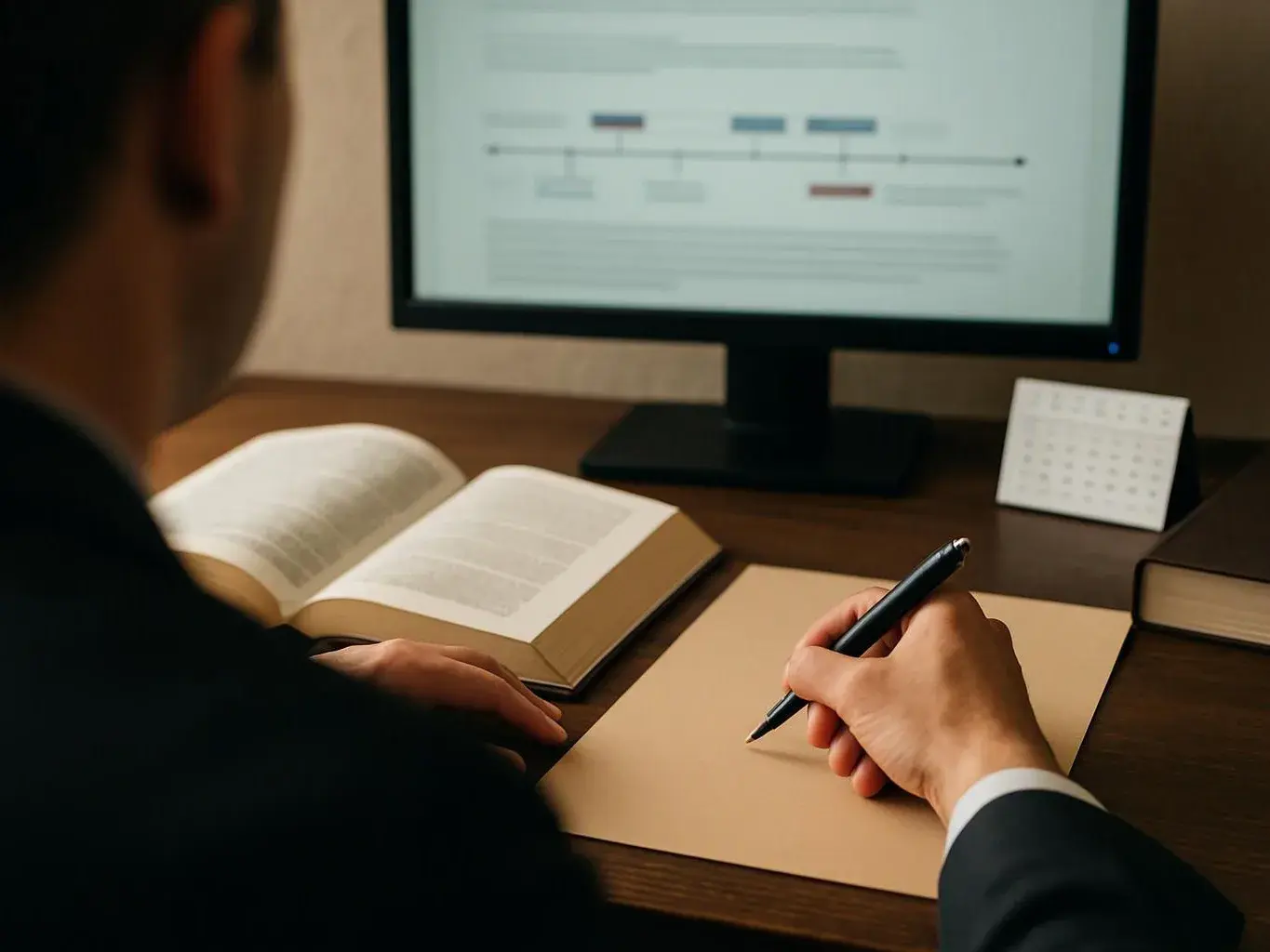 A person in a suit writes on a blank sheet at a desk beside an open book and computer monitor