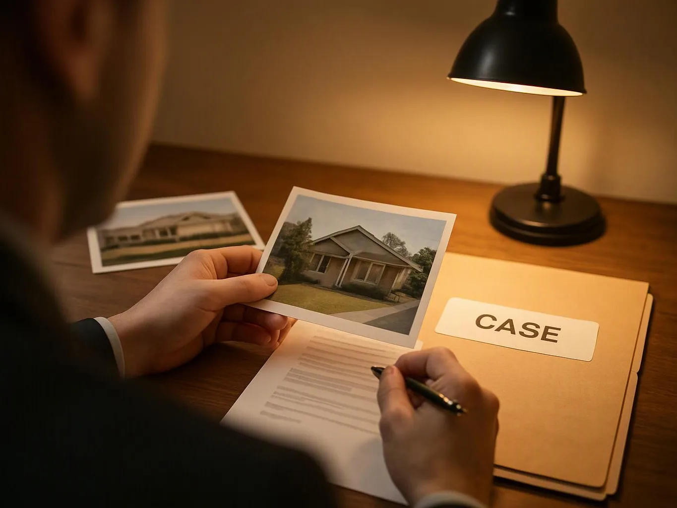 A person under a desk lamp studies house photos and writes notes beside a file labeled CASE