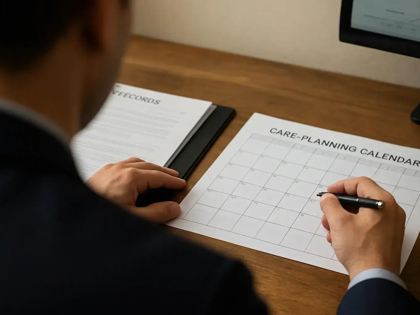 A person writes on a care-planning calendar beside a records folder at a wooden desk