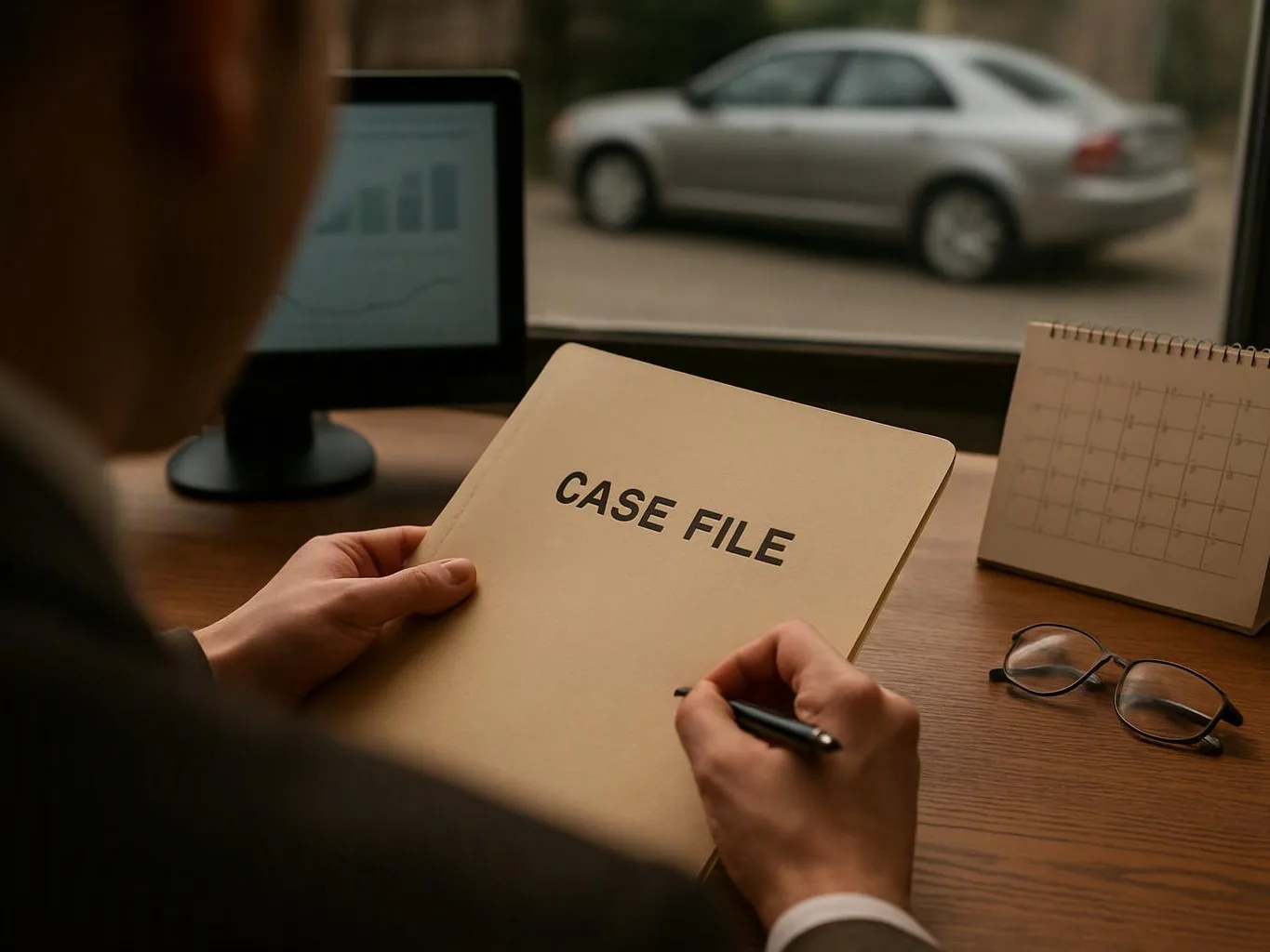 A person writes on a case file at a desk beside a calendar, glasses, and a computer screen