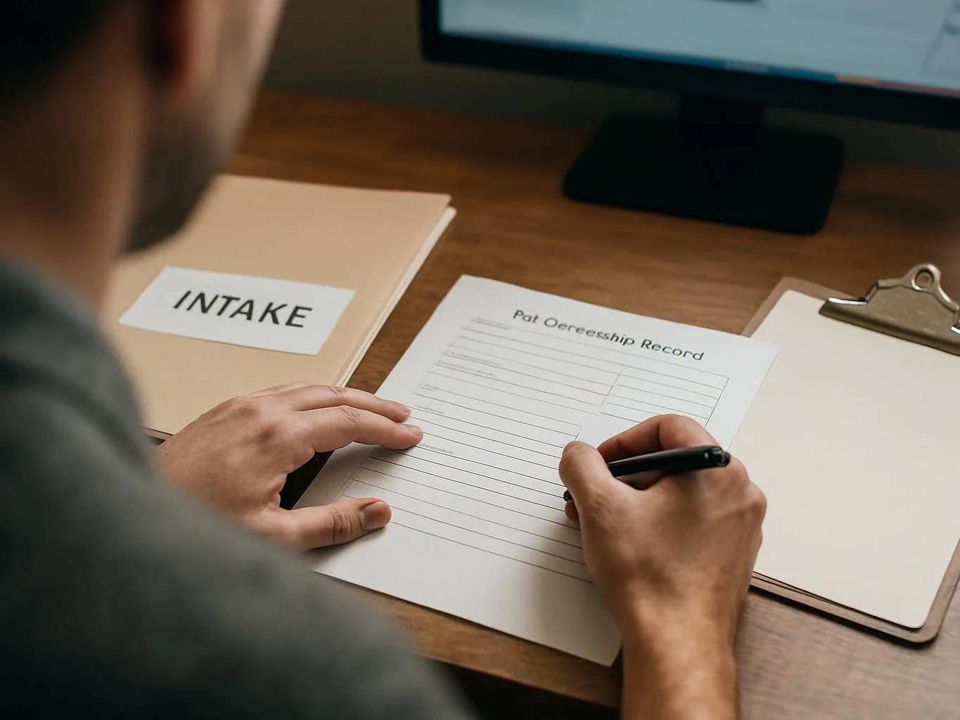 A person writes on a form beside an intake folder and a clipboard at a desk