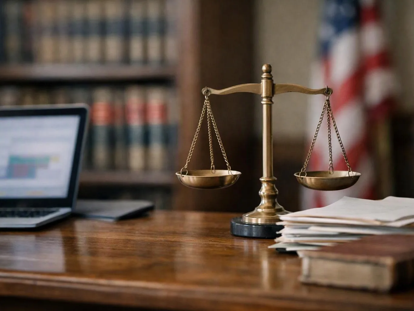 A brass scales of justice sits on a wooden desk beside papers, a laptop, and blurred law books