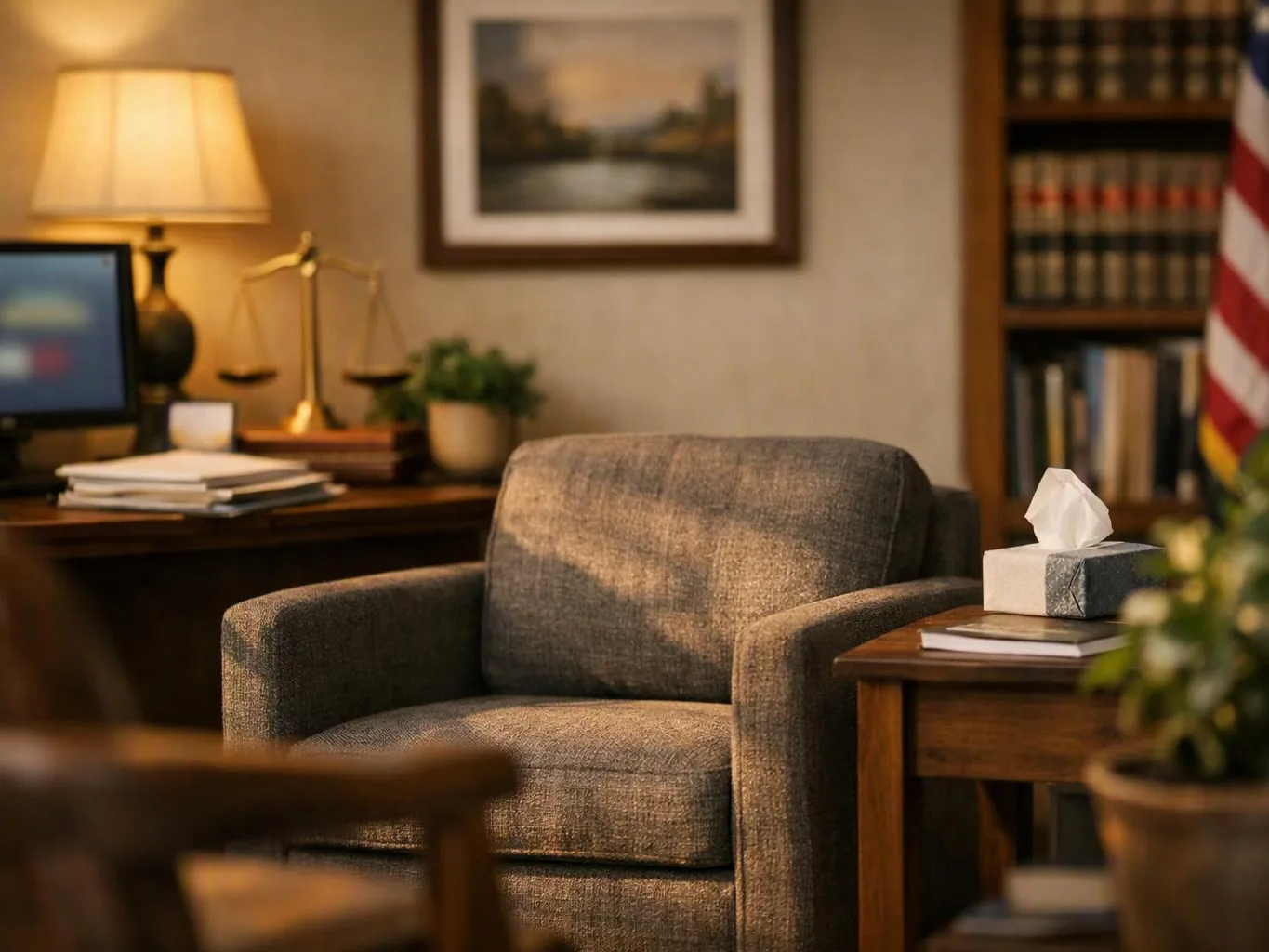 A gray armchair sits in a warm office, with a desk lamp, bookshelves, tissue box, and framed picture around it
