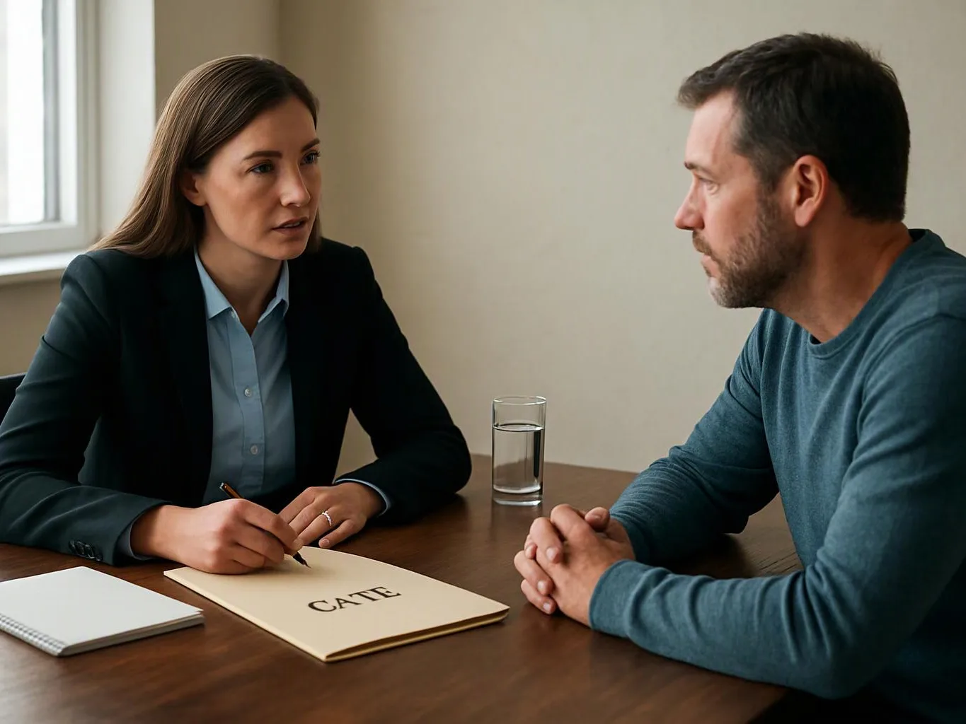 A woman in a blazer writes in a folder while talking with a man across a table in a plain office