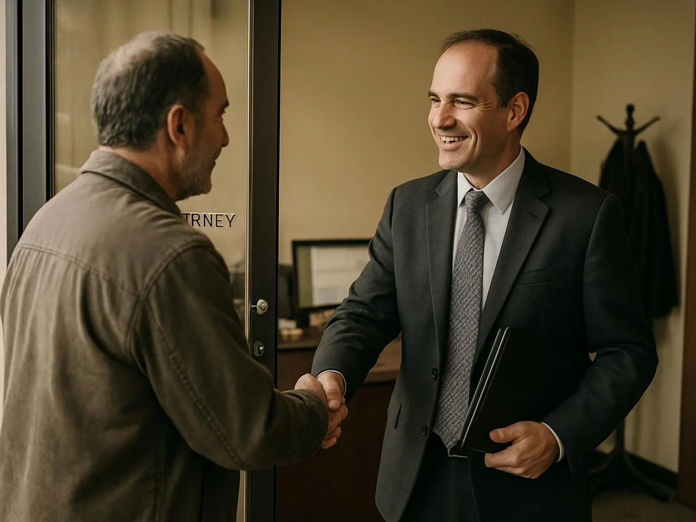 Two men shake hands in an office doorway, while one smiles and holds a folder