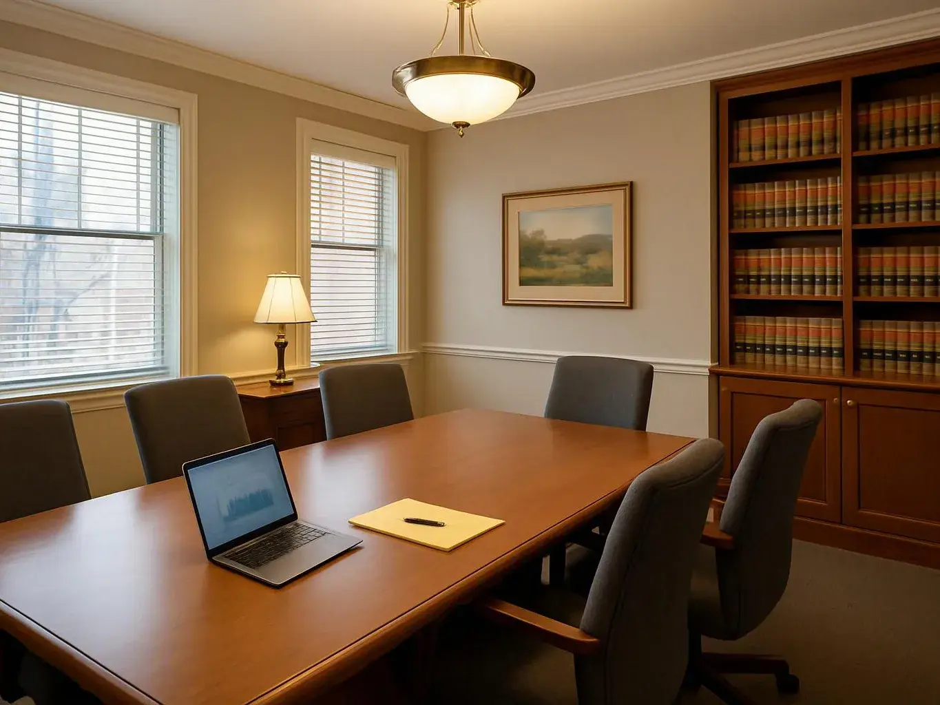 A quiet conference room holds a wooden table, laptop, yellow notepad, chairs, lamp, windows, and bookcase