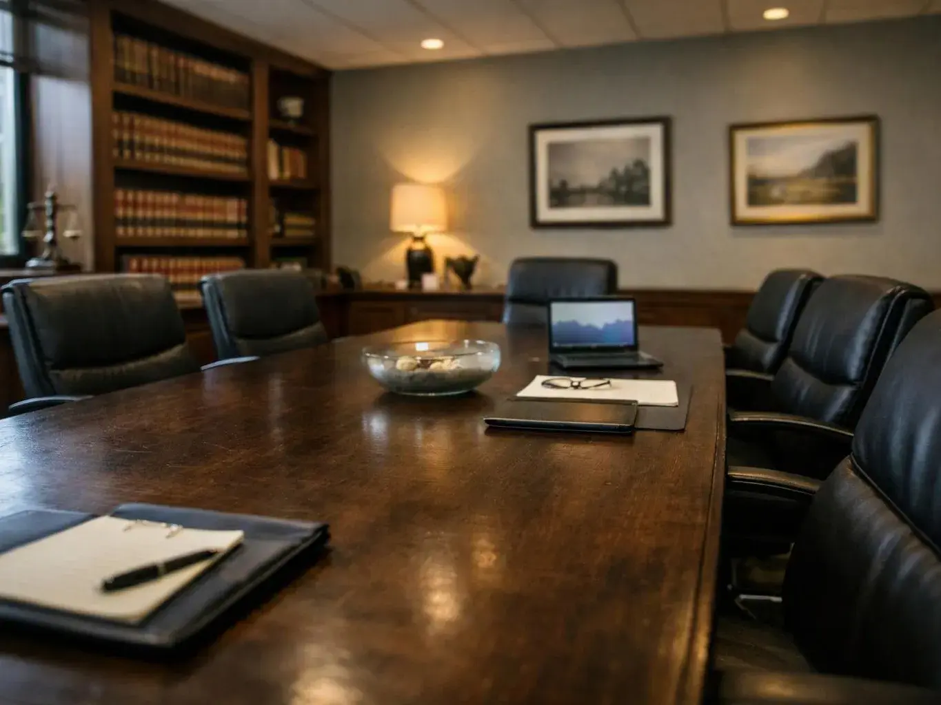A quiet conference room with a long wooden table, leather chairs, a laptop, and papers under warm lighting