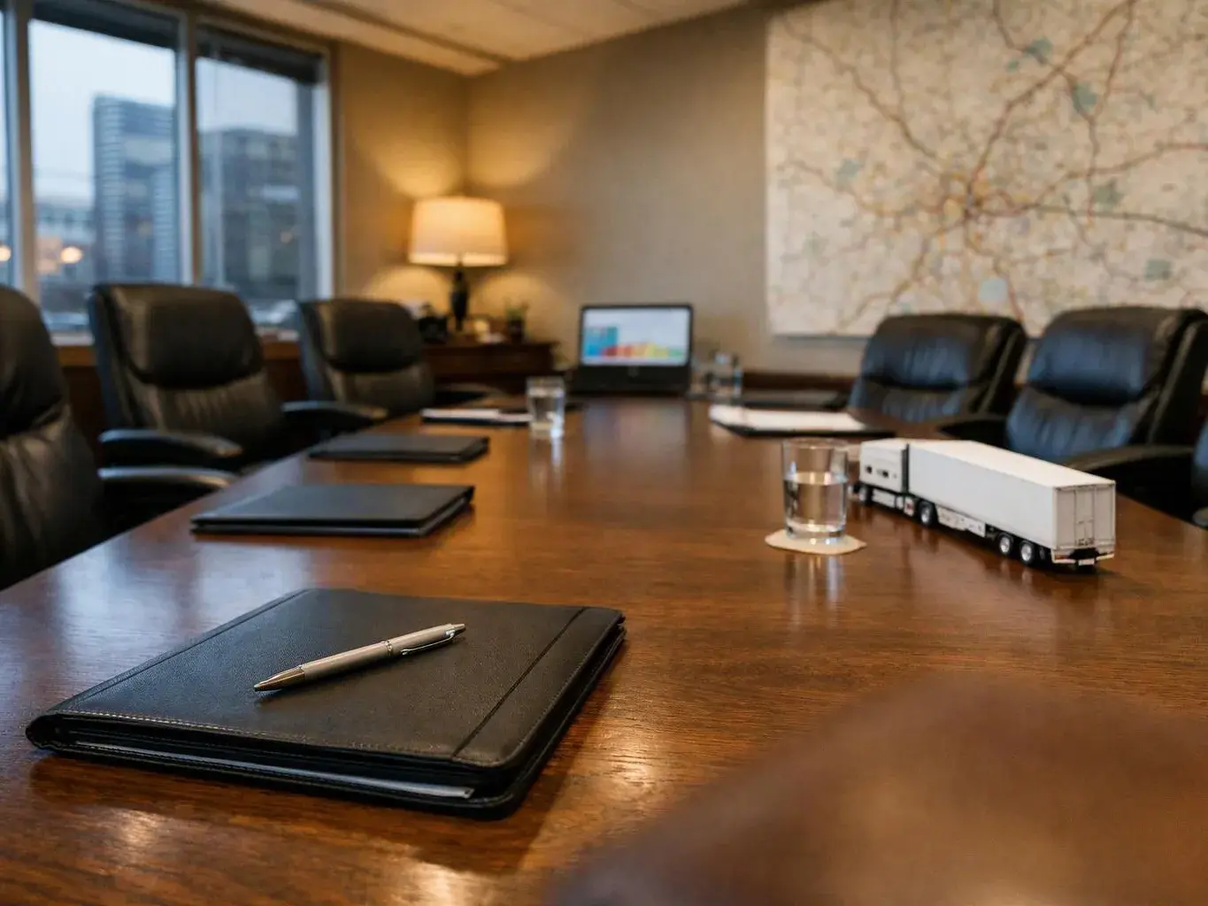 A quiet conference room shows a wooden table with black folders, pens, water glasses, and a toy truck model