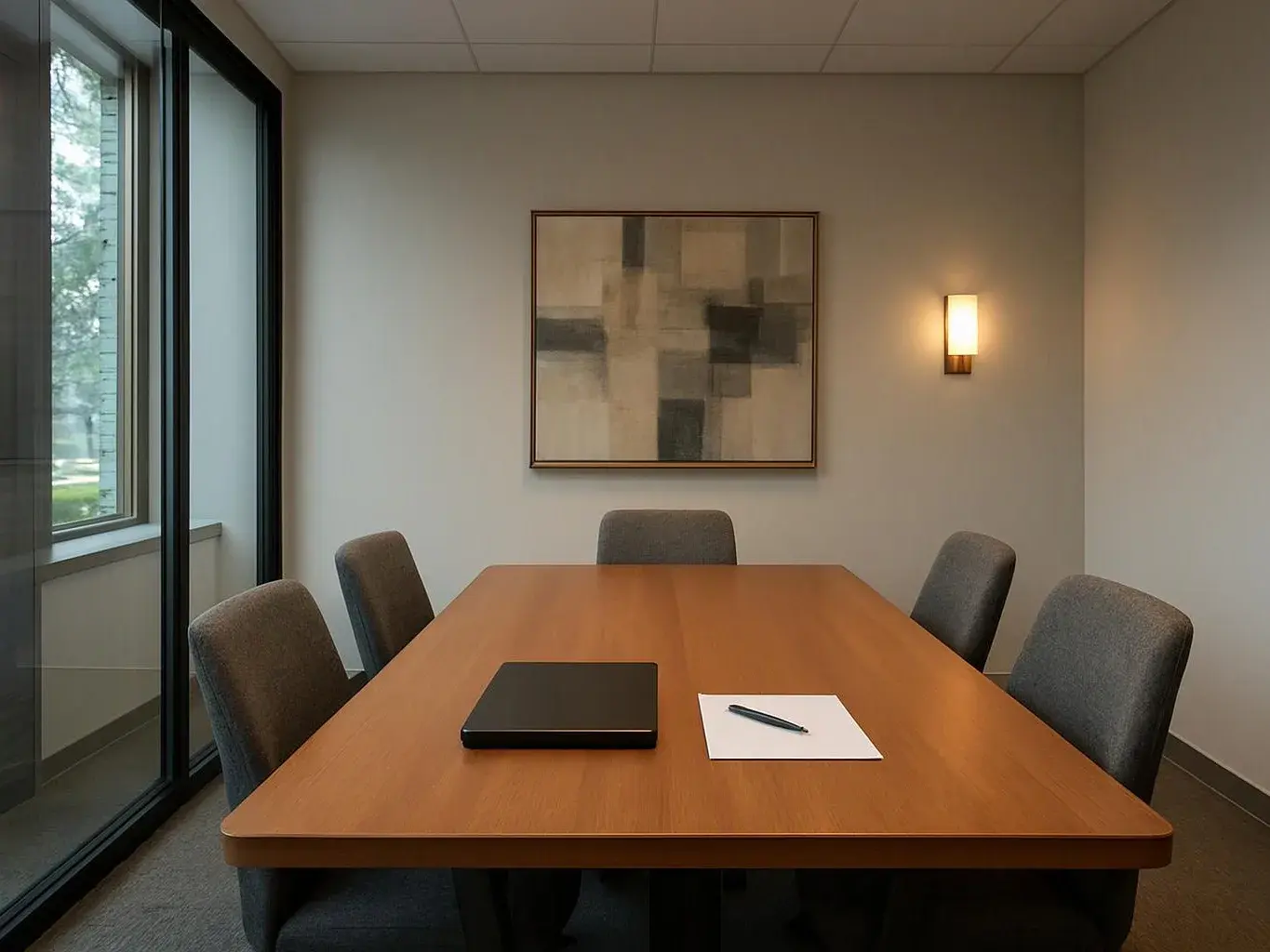 A quiet conference room shows a wooden table, five gray chairs, a laptop, paper, and a pen beneath wall art and a light
