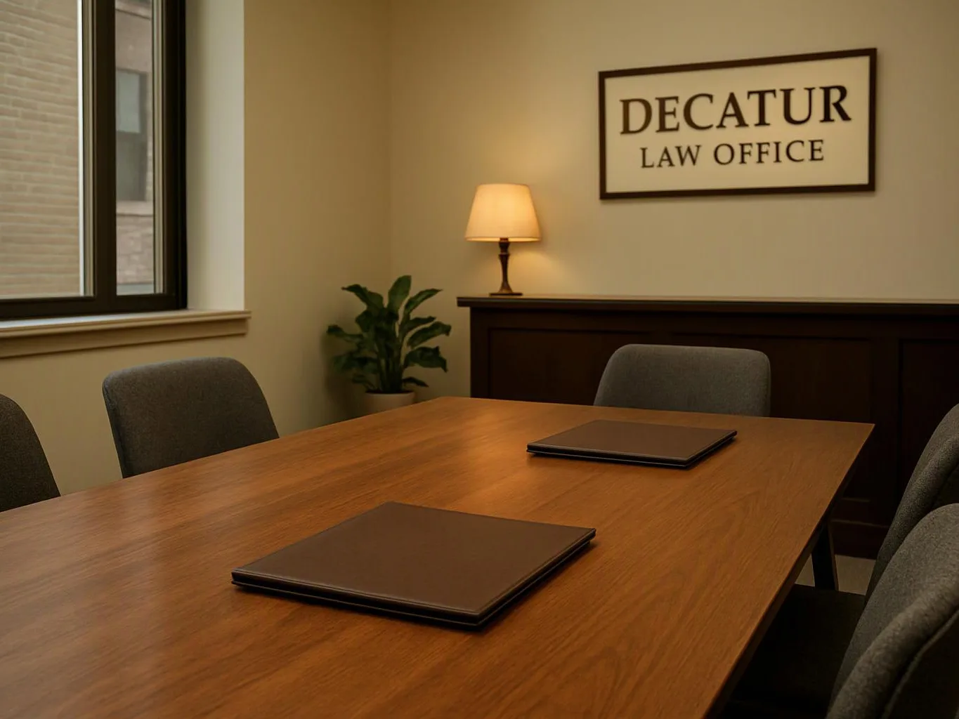 A quiet conference room shows a wooden table, gray chairs, two closed folders, a lamp