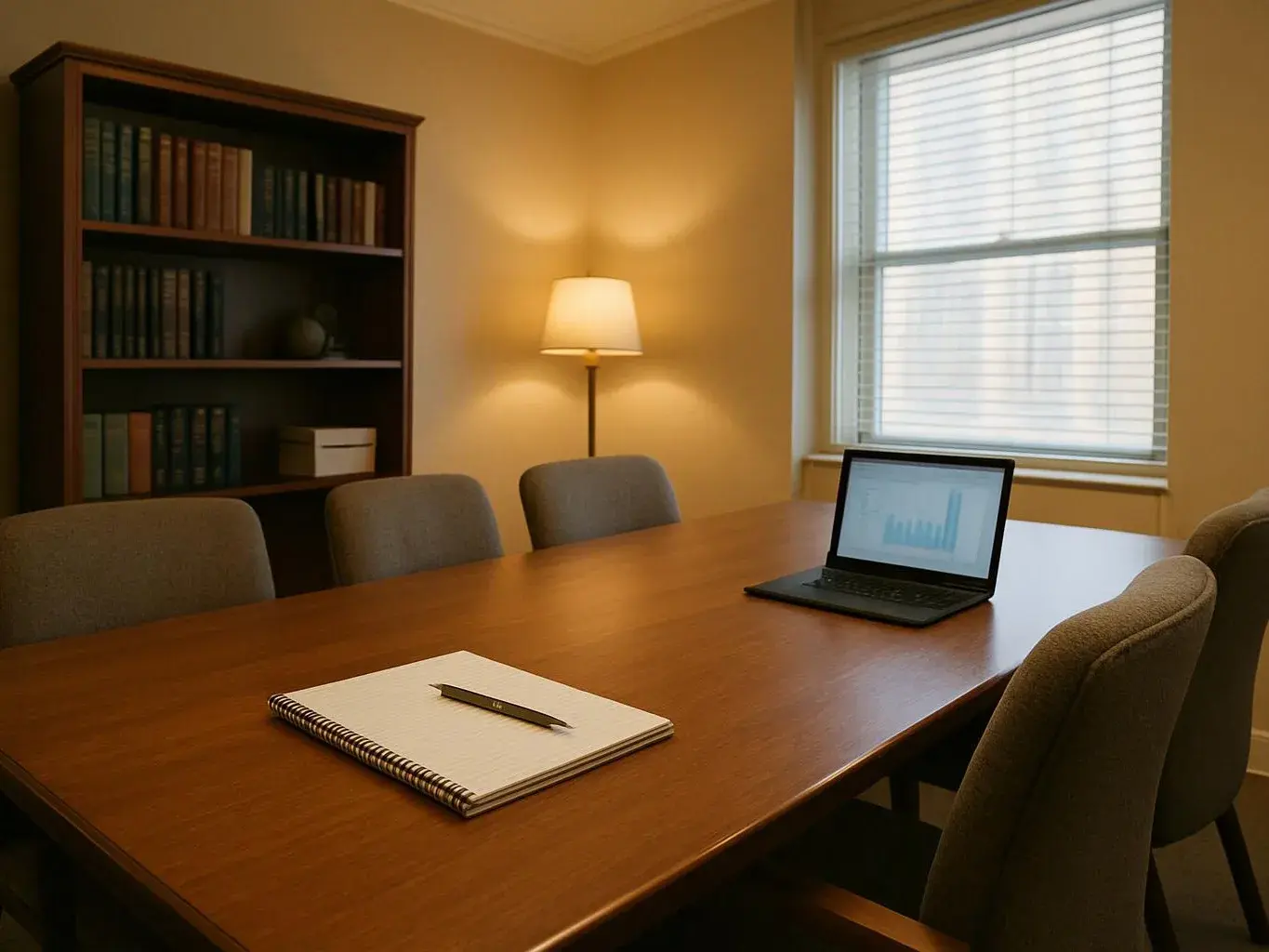 A quiet meeting room has a wooden table, chairs, a bookshelf, a lamp, a notebook, and an open laptop