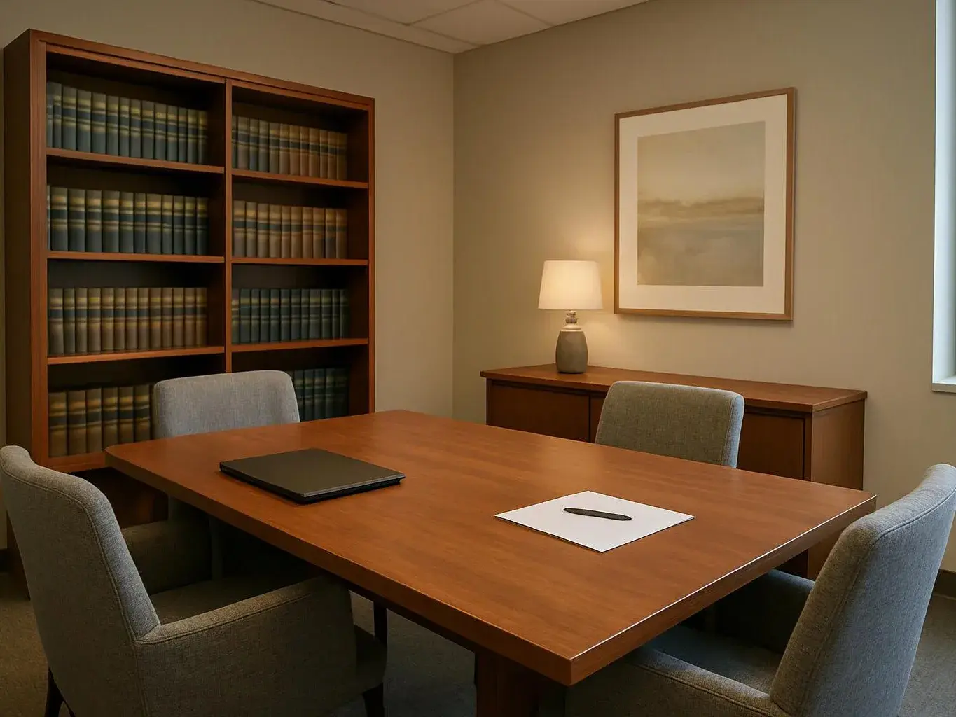 A quiet meeting room shows a wooden table, four gray chairs, bookshelves, and a lit lamp