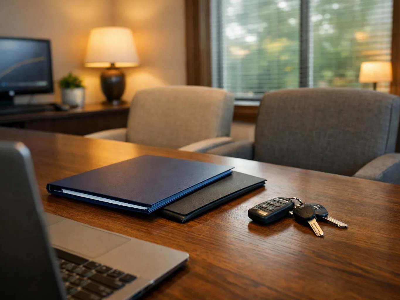 A quiet office desk holds folders, car keys, a laptop corner, and two chairs by a window