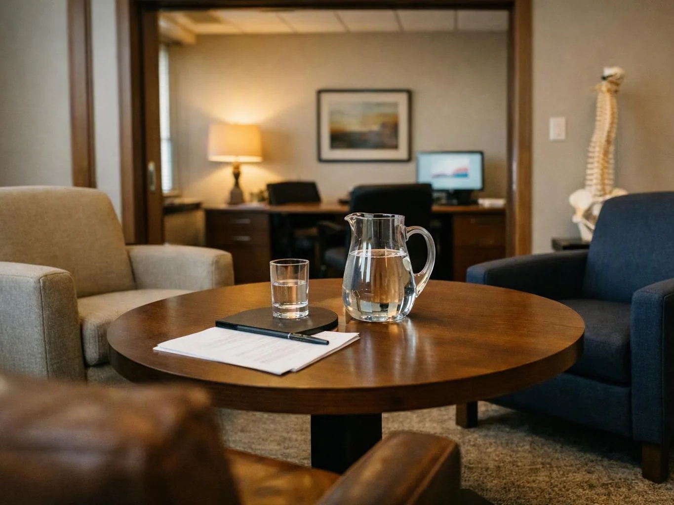 A quiet office lounge shows a round table with water, a notepad, and chairs in front of a desk area