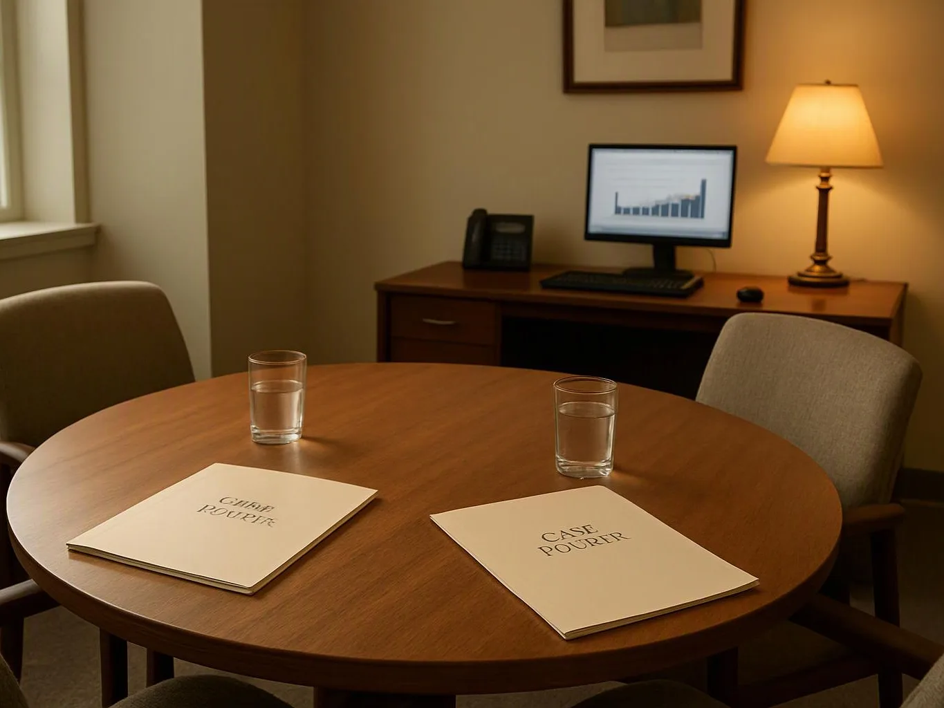 A quiet office meeting room shows a round table with water glasses, case folders, chairs, and a lit desk behind it