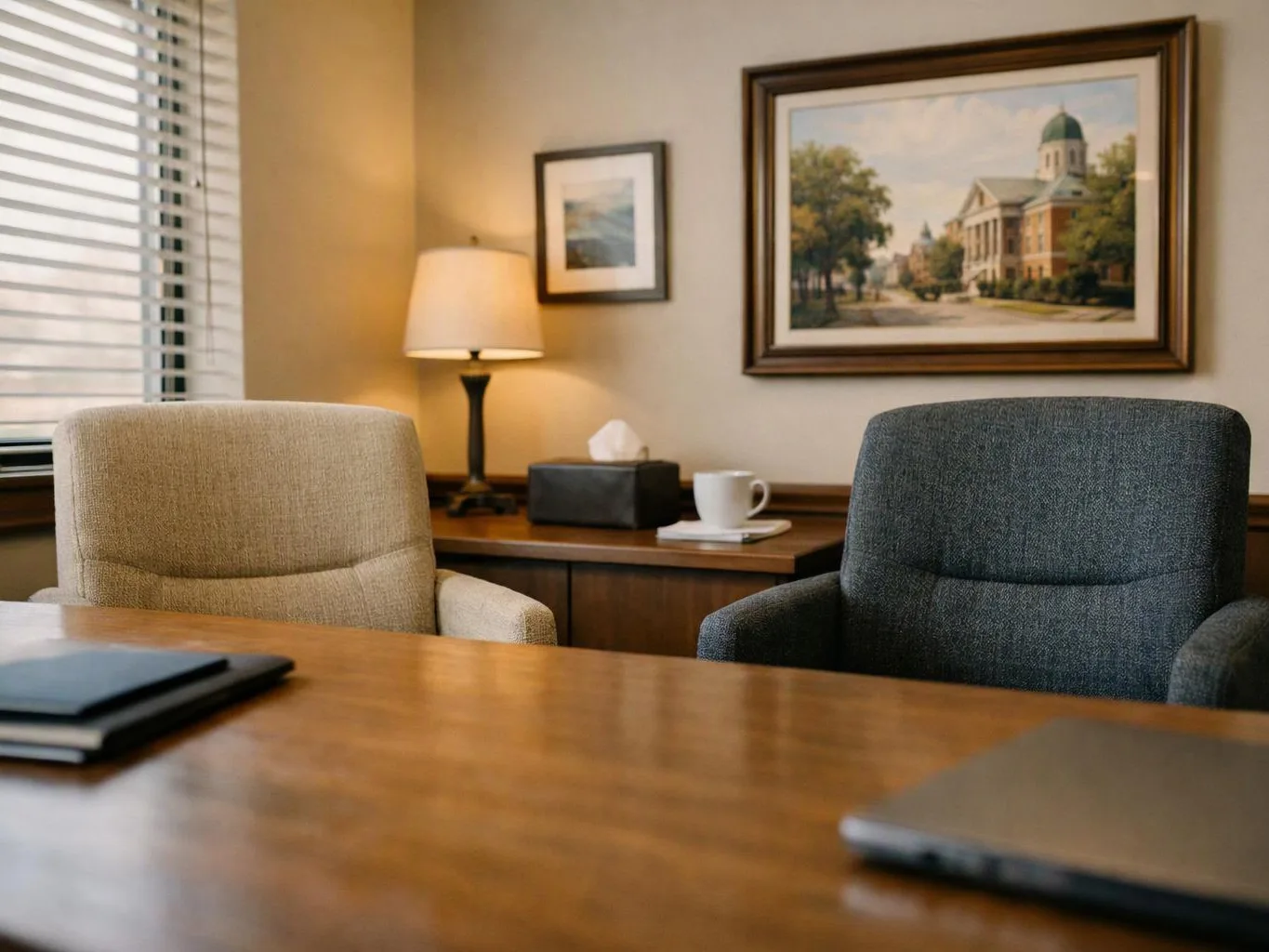 A quiet office with two chairs, a wooden table, a lit lamp, framed pictures, and a window with blinds
