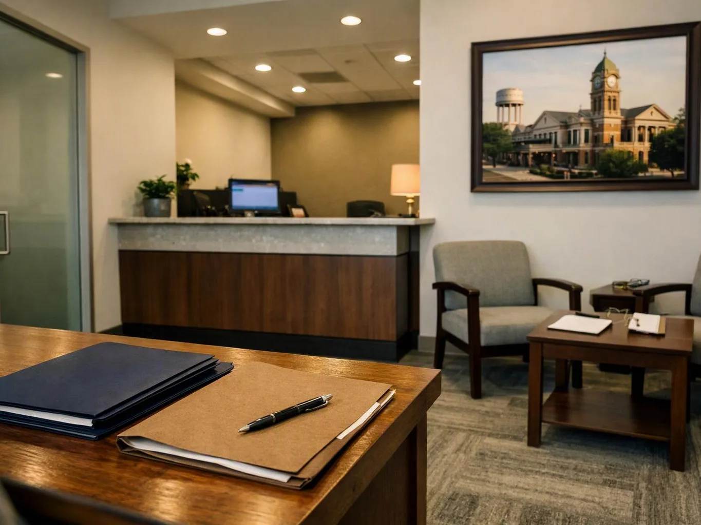 A quiet office waiting room shows a desk with folders, a reception counter