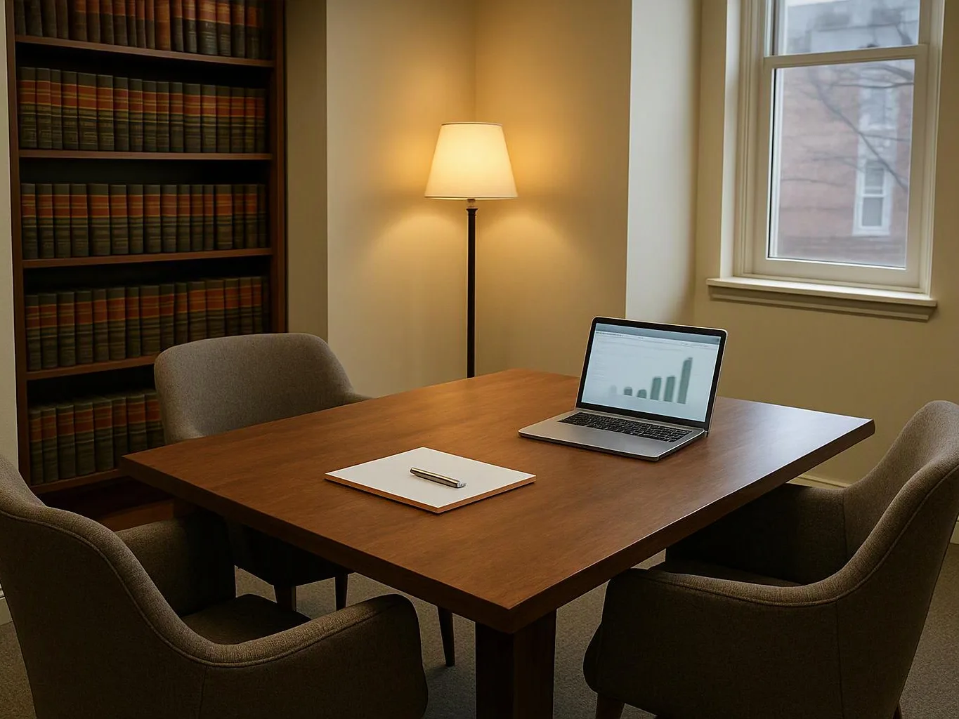 A quiet office with a wooden table, four chairs, a laptop showing a chart, a notepad, a lamp, and bookshelves