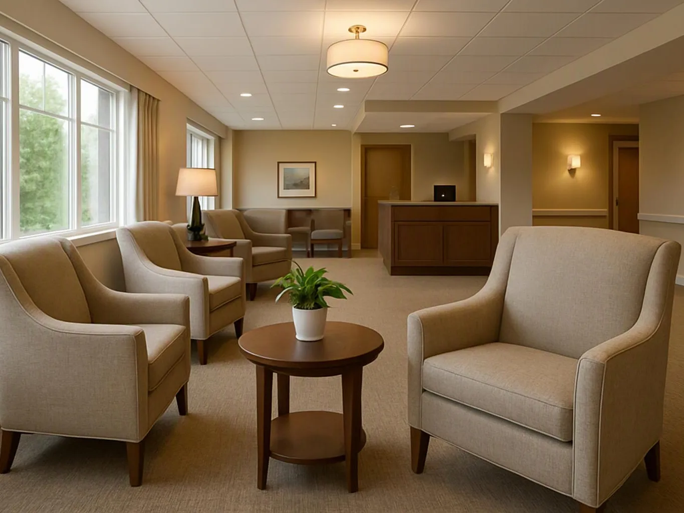 A quiet waiting room has beige chairs, a small table with a plant, windows, and a front desk