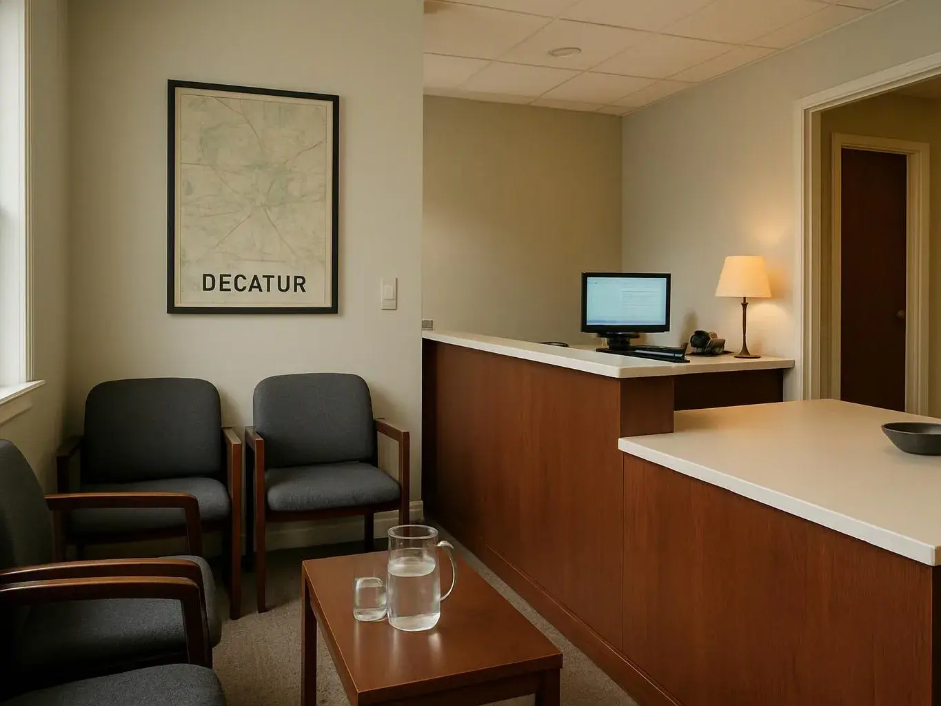 A quiet waiting room has gray chairs, a reception desk, a lit lamp