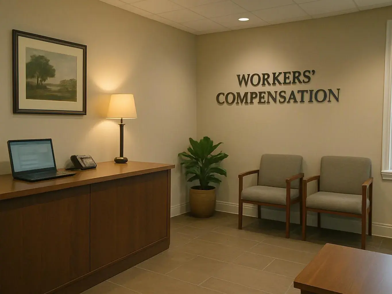 A quiet waiting room shows a desk, lamp, laptop, two chairs, a plant, and “WORKERS’ COMPENSATION” on the wall