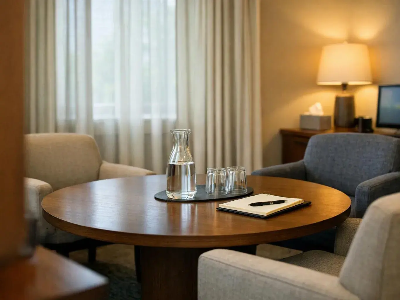 A round wooden table sits between four armchairs, with a water carafe, glasses, notebook, and lamp in a quiet room